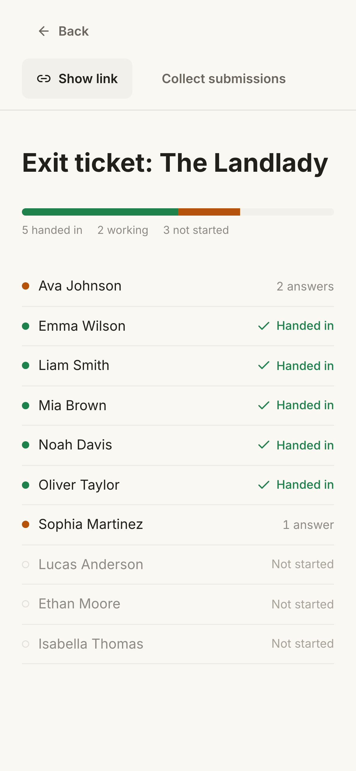 Classwork progress on the phone: who has handed in, who is still working