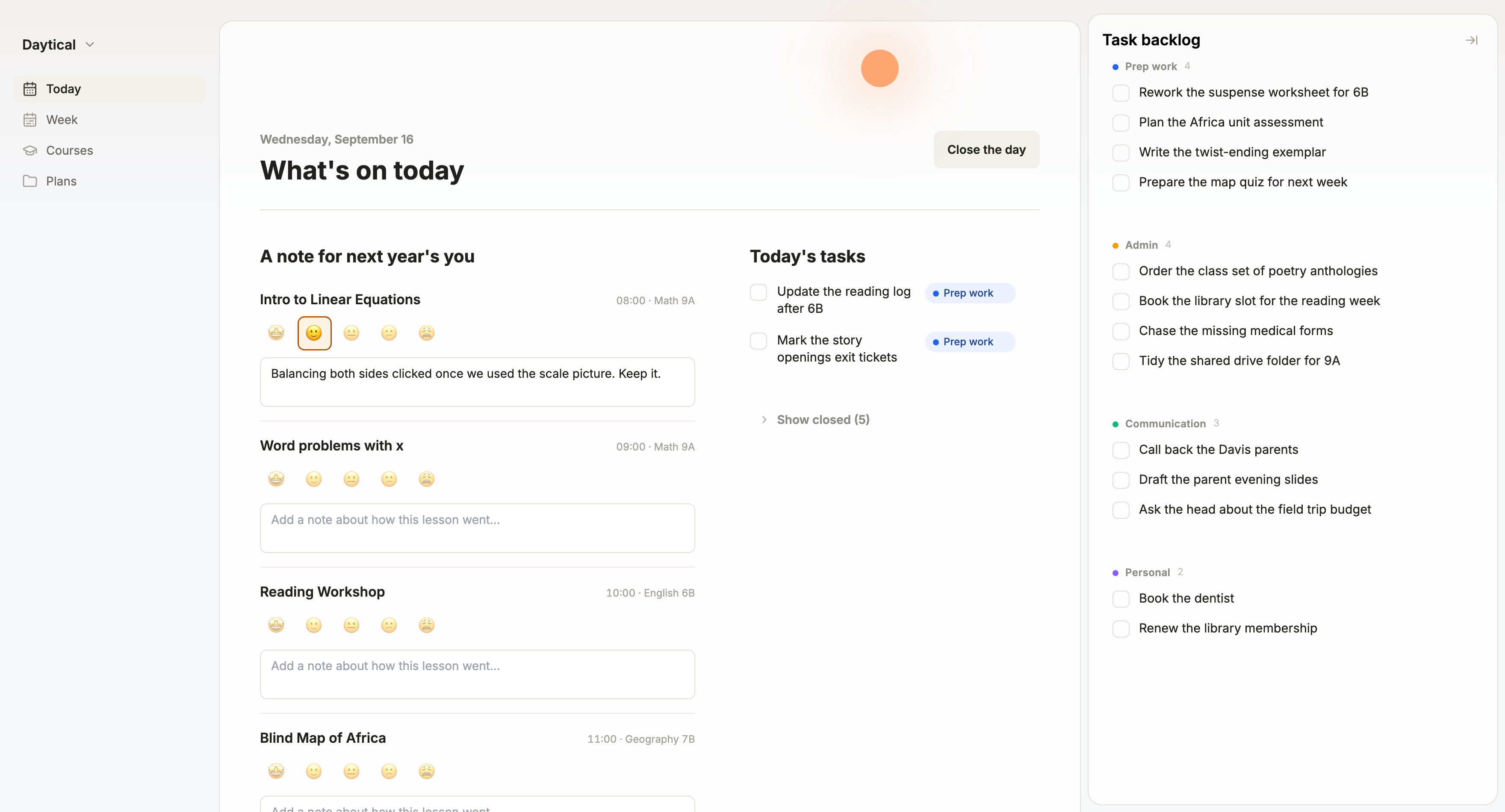 The daily shutdown on the Today page: each lesson taught today rated with an emoji and a note for next year's you